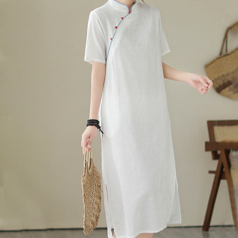 Robe mi-longue qipao cheongsam à manches courtes et poches, en coton et lin, couleur unie, motif Buddha Stones, jacquard - Blanc - US8-10，UK/AU12-14，EU40-42 (2XL) - image 13