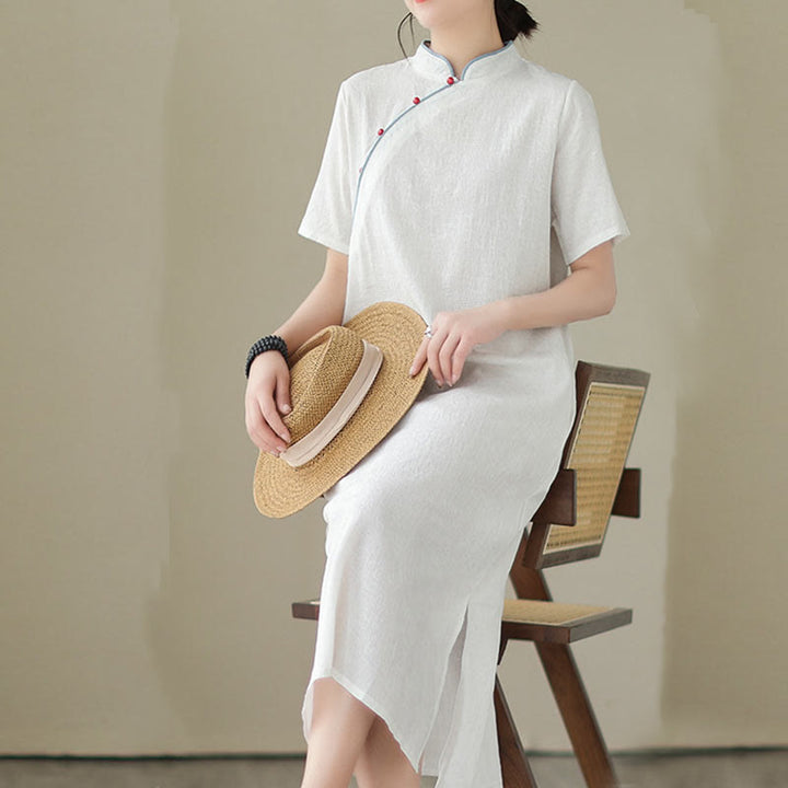 Robe mi-longue qipao cheongsam à manches courtes et poches, en coton et lin, couleur unie, motif Buddha Stones, jacquard - image 18