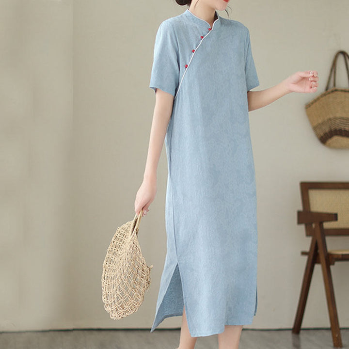 Robe mi-longue qipao cheongsam à manches courtes et poches, en coton et lin, couleur unie, motif Buddha Stones, jacquard - image 3