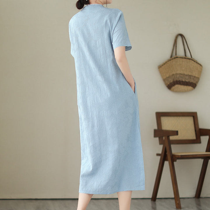 Robe mi-longue qipao cheongsam à manches courtes et poches, en coton et lin, couleur unie, motif Buddha Stones, jacquard - image 2