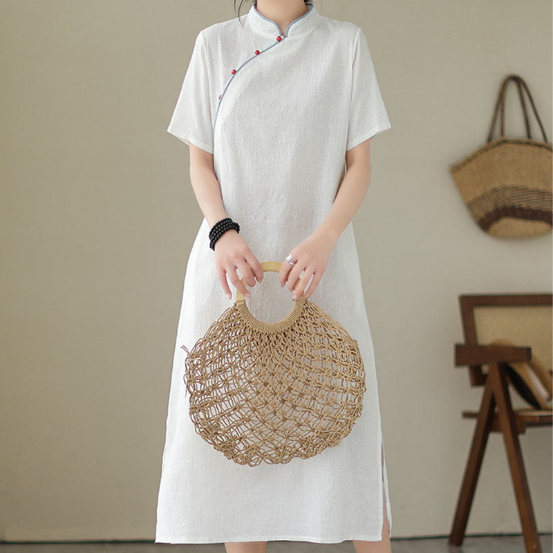 Robe mi-longue qipao cheongsam à manches courtes et poches, en coton et lin, couleur unie, motif Buddha Stones, jacquard - image 14
