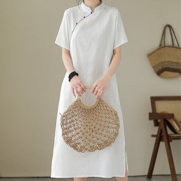 Robe mi-longue qipao cheongsam à manches courtes et poches, en coton et lin, couleur unie, motif Buddha Stones, jacquard - image 14