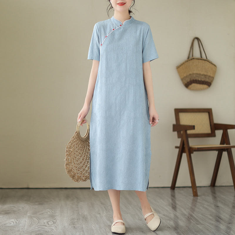 Robe mi-longue qipao cheongsam à manches courtes et poches, en coton et lin, couleur unie, motif Buddha Stones, jacquard - image 1
