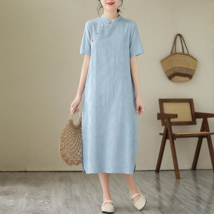 Robe mi-longue qipao cheongsam à manches courtes et poches, en coton et lin, couleur unie, motif Buddha Stones, jacquard - image 1