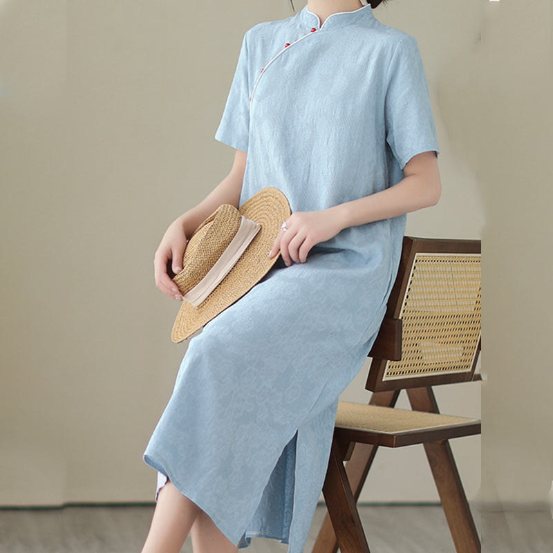 Robe mi-longue qipao cheongsam à manches courtes et poches, en coton et lin, couleur unie, motif Buddha Stones, jacquard - image 5