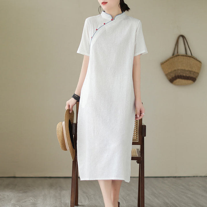 Robe mi-longue qipao cheongsam à manches courtes et poches, en coton et lin, couleur unie, motif Buddha Stones, jacquard - image 17