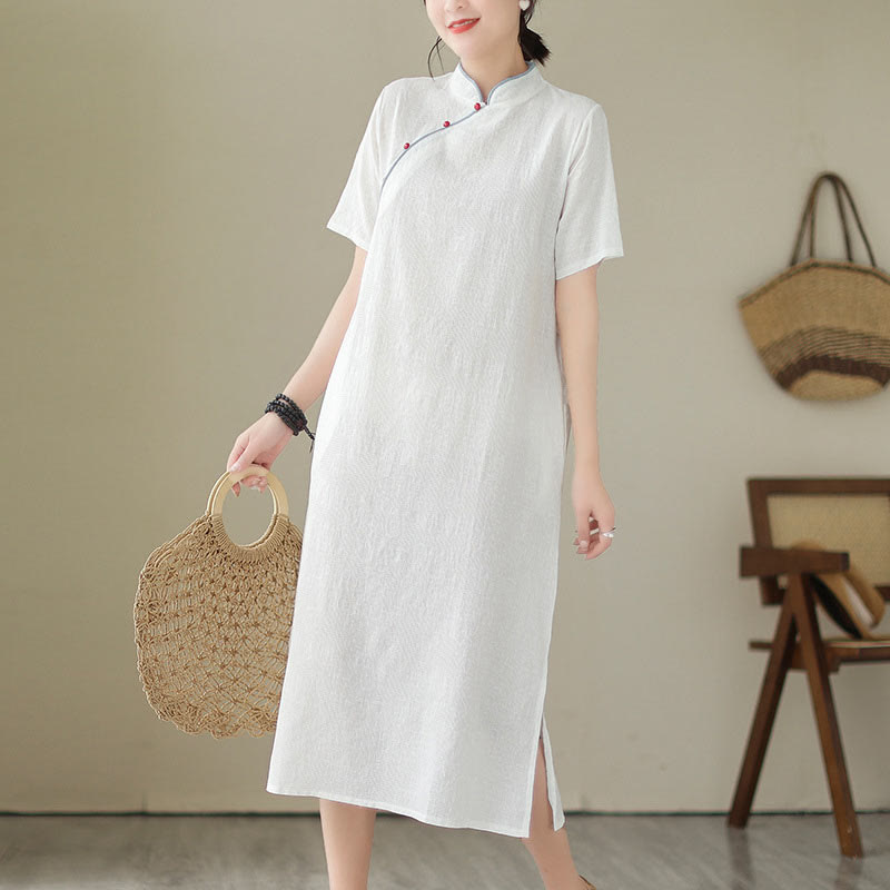 Robe mi-longue qipao cheongsam à manches courtes et poches, en coton et lin, couleur unie, motif Buddha Stones, jacquard - image 16