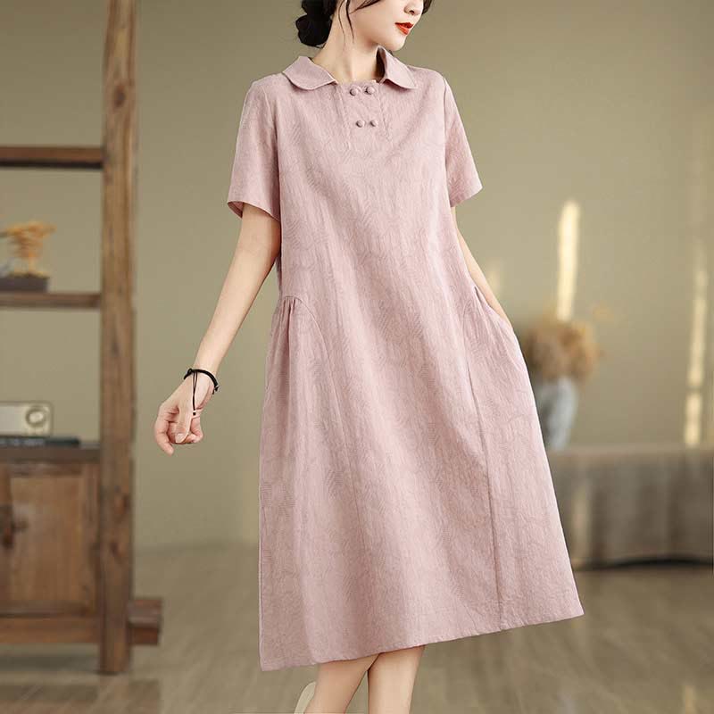 Robe midi en coton et lin à manches courtes et revers jacquard uni Buddha Stones avec poches - Rose - US8-10，UK/AU12-14，EU40-42 (2XL) - image 27