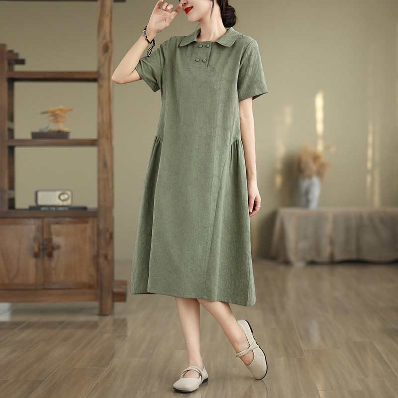 Robe midi en coton et lin à manches courtes et revers jacquard uni Buddha Stones avec poches - Vert mer moyen - US8-10，UK/AU12-14，EU40-42 (2XL) - image 5