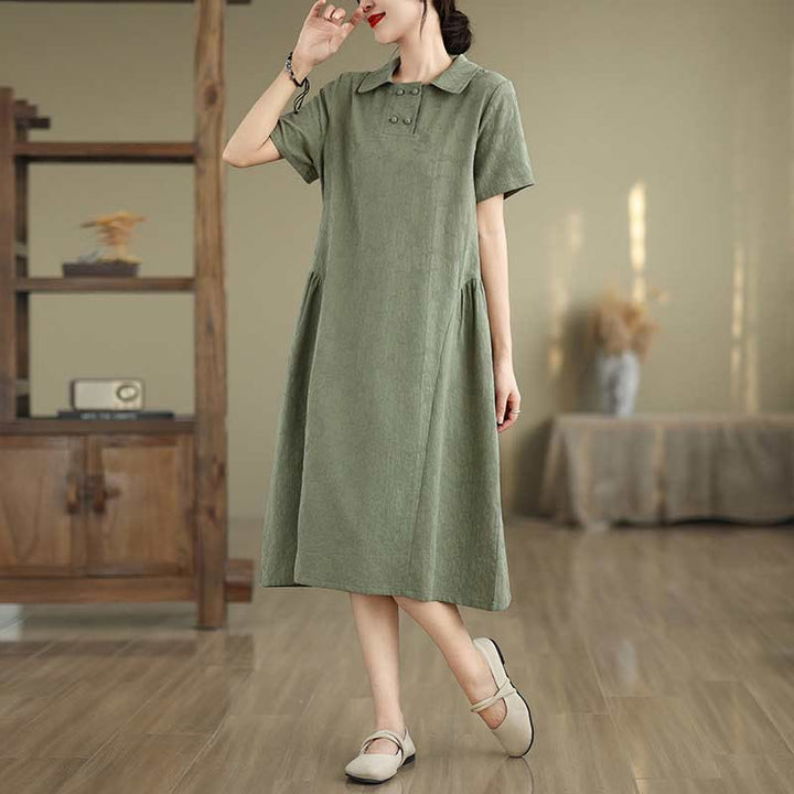 Robe midi en coton et lin à manches courtes et revers jacquard uni Buddha Stones avec poches - Vert mer moyen - US8-10，UK/AU12-14，EU40-42 (2XL) - image 5