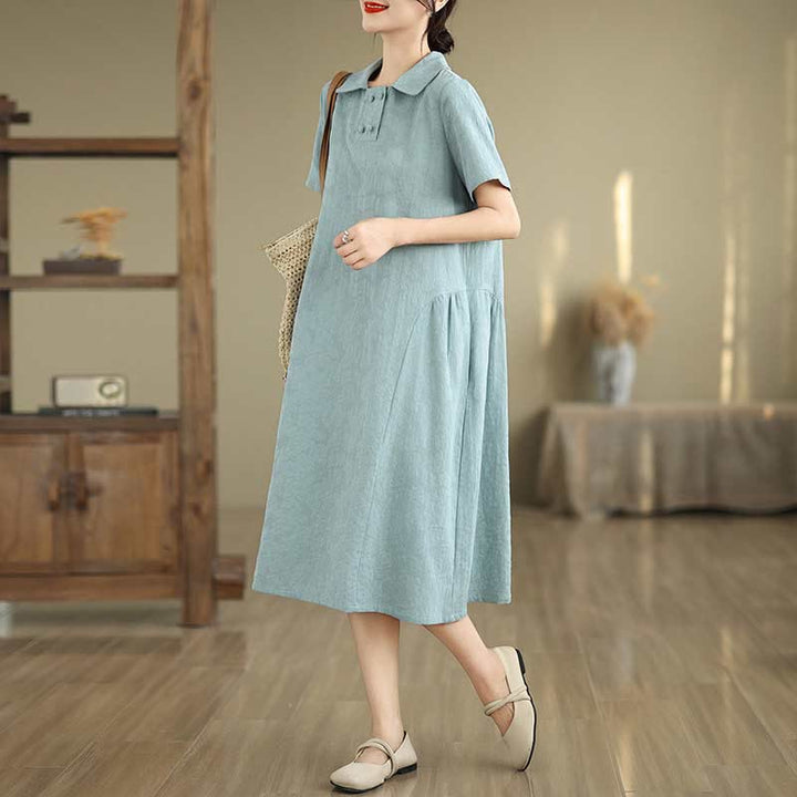 Robe midi en coton et lin à manches courtes et revers jacquard uni Buddha Stones avec poches - Turquoise pâle - US8-10，UK/AU12-14，EU40-42 (2XL) - image 21