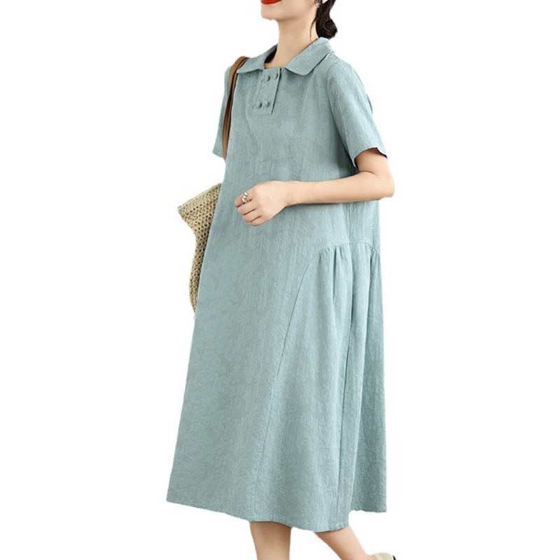 Robe midi en coton et lin à manches courtes et revers jacquard uni Buddha Stones avec poches - image 26
