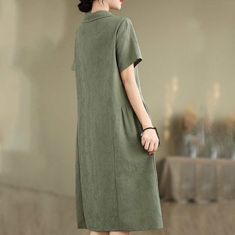 Robe midi en coton et lin à manches courtes et revers jacquard uni Buddha Stones avec poches - image 8
