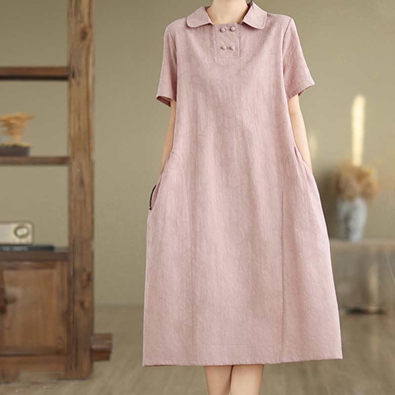 Robe midi en coton et lin à manches courtes et revers jacquard uni Buddha Stones avec poches - image 29