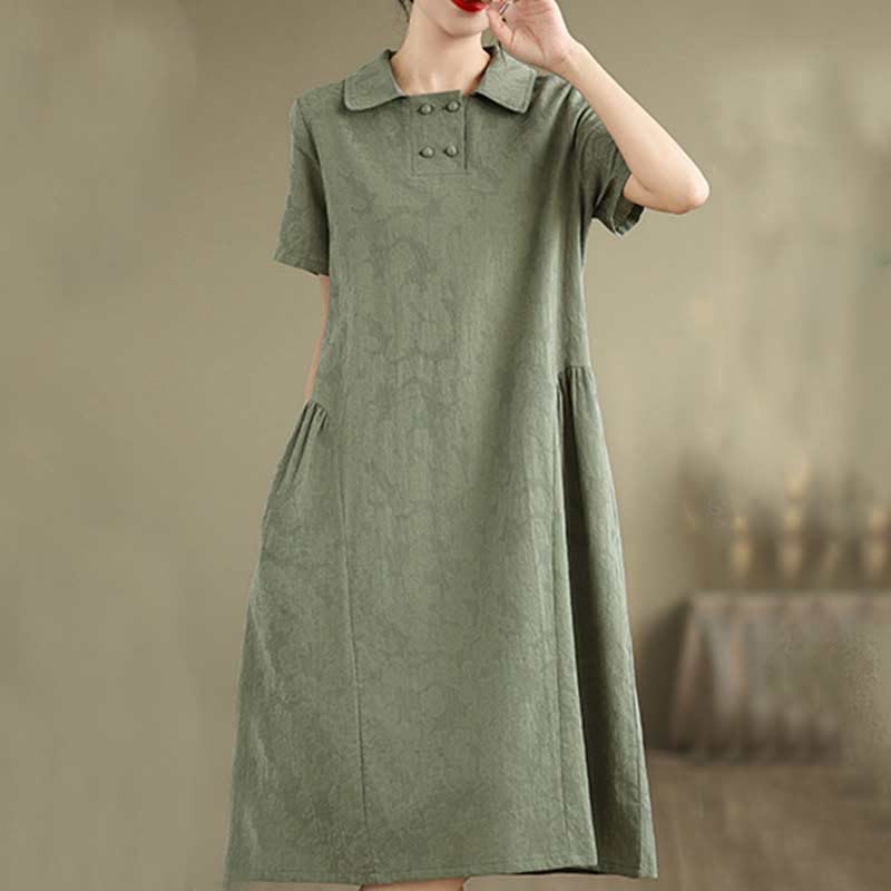 Robe midi en coton et lin à manches courtes et revers jacquard uni Buddha Stones avec poches - image 10