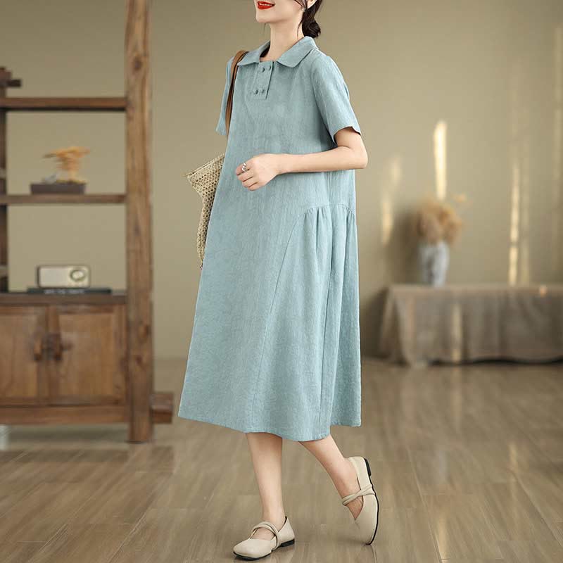 Robe midi en coton et lin à manches courtes et revers jacquard uni Buddha Stones avec poches - Turquoise pâle - US8-10，UK/AU12-14，EU40-42 (2XL) - image 21