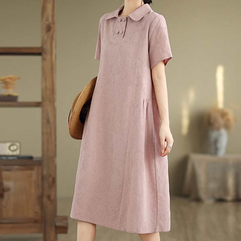 Robe midi en coton et lin à manches courtes et revers jacquard uni Buddha Stones avec poches - image 28