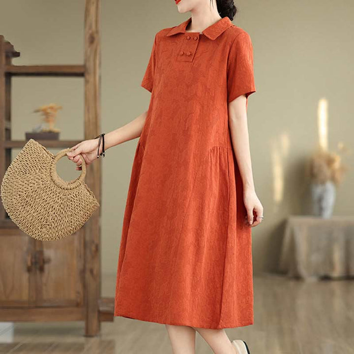 Robe midi en coton et lin à manches courtes et revers jacquard uni Buddha Stones avec poches - image 15