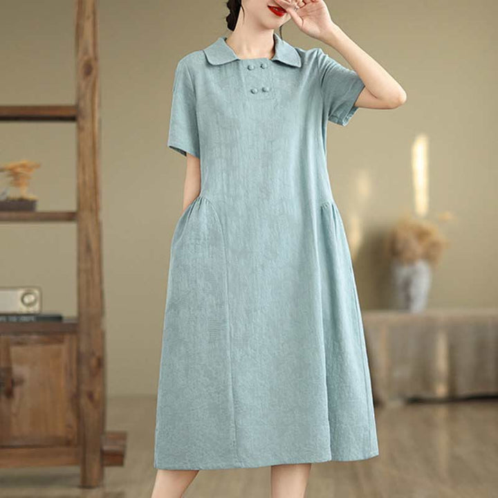 Robe midi en coton et lin à manches courtes et revers jacquard uni Buddha Stones avec poches - image 24