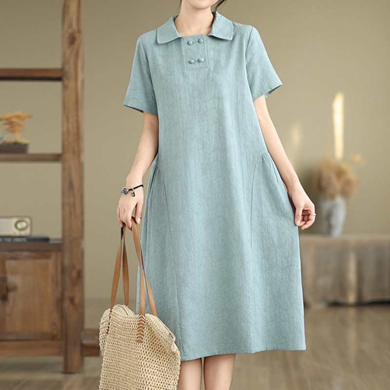 Robe midi en coton et lin à manches courtes et revers jacquard uni Buddha Stones avec poches - image 23