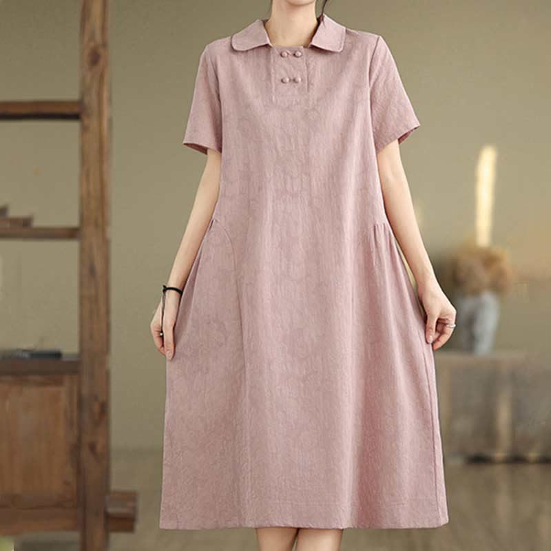 Robe midi en coton et lin à manches courtes et revers jacquard uni Buddha Stones avec poches - image 30