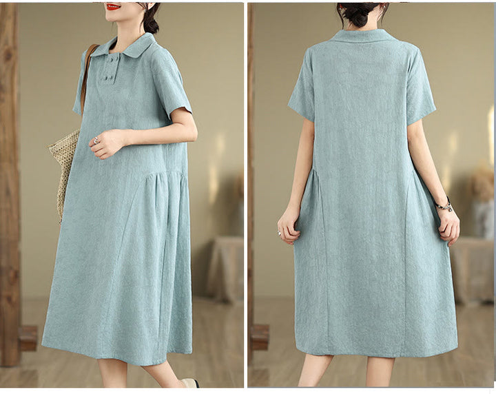 Robe midi en coton et lin à manches courtes et revers jacquard uni Buddha Stones avec poches - image 25
