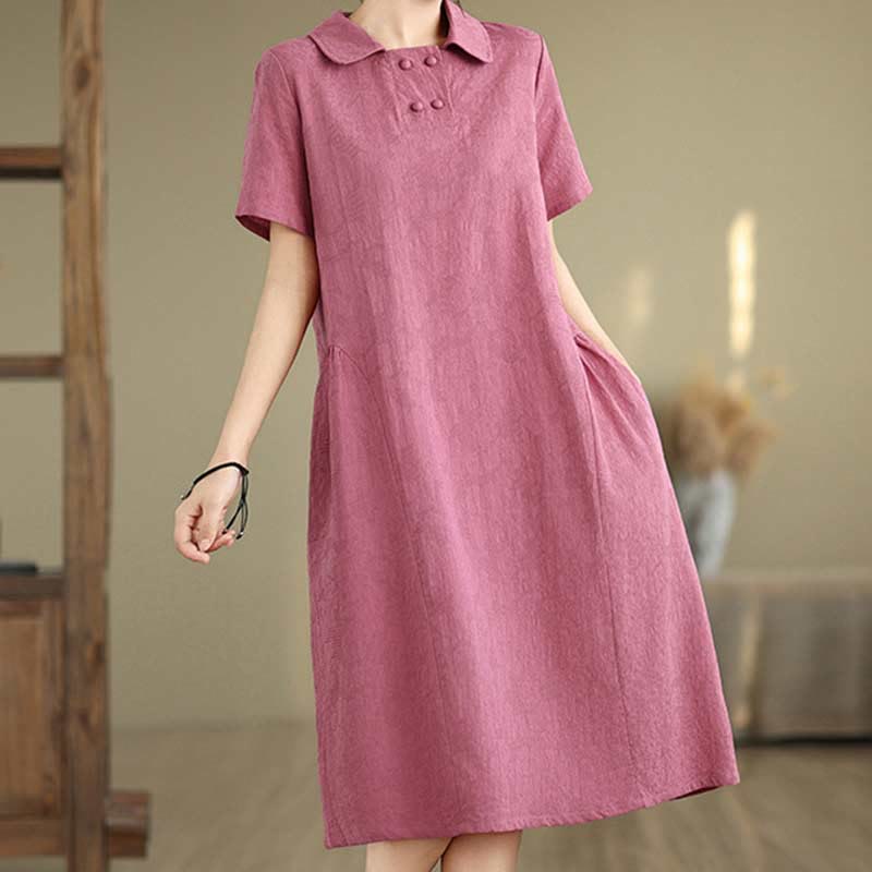 Robe midi en coton et lin à manches courtes et revers jacquard uni Buddha Stones avec poches - image 4