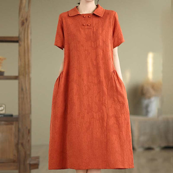 Robe midi en coton et lin à manches courtes et revers jacquard uni Buddha Stones avec poches - image 13