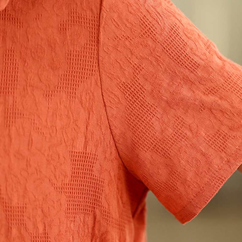 Robe midi en coton et lin à manches courtes et revers jacquard uni Buddha Stones avec poches - image 18