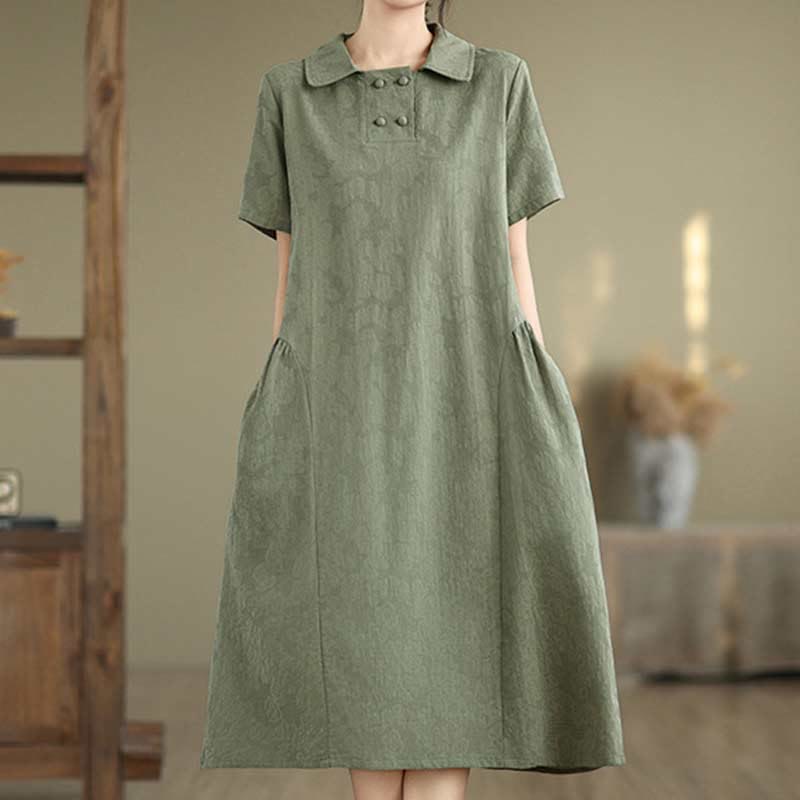 Robe midi en coton et lin à manches courtes et revers jacquard uni Buddha Stones avec poches - image 7