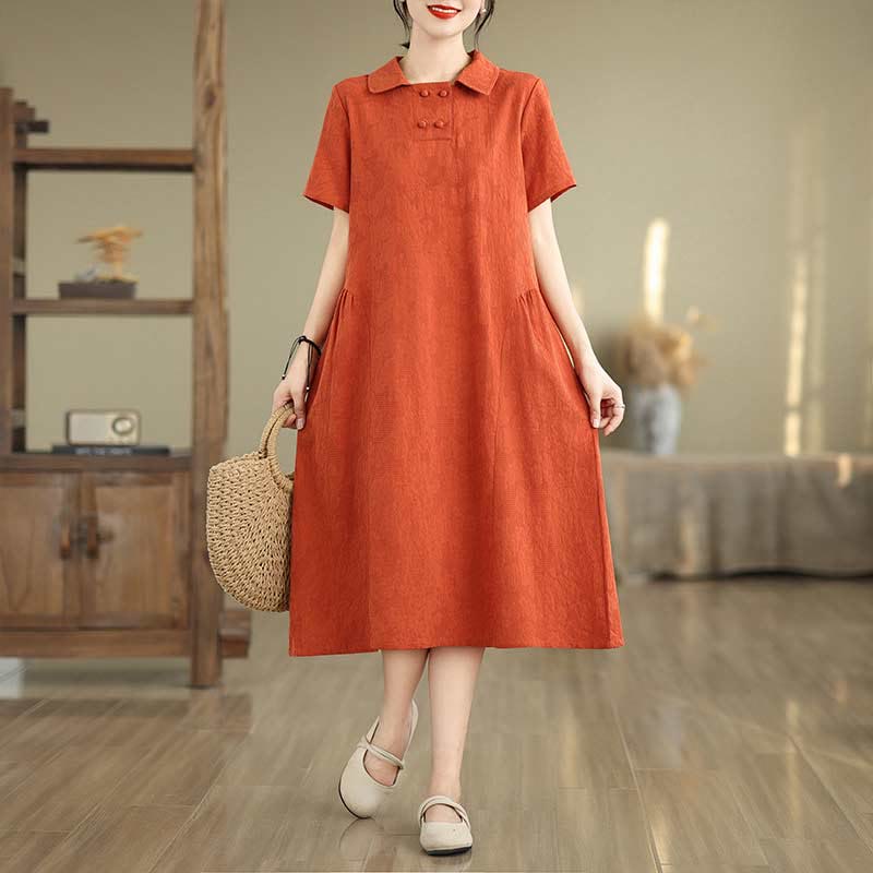 Robe midi en coton et lin à manches courtes et revers jacquard uni Buddha Stones avec poches - OrangeRouge - US8-10，UK/AU12-14，EU40-42 (2XL) - image 11