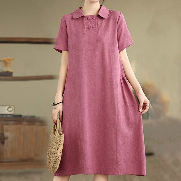 Robe midi en coton et lin à manches courtes et revers jacquard uni Buddha Stones avec poches - Rouge violet moyen - US8-10，UK/AU12-14，EU40-42 (2XL) - image 0
