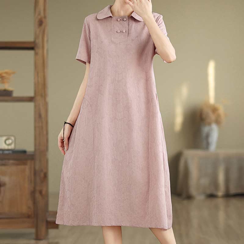 Robe midi en coton et lin à manches courtes et revers jacquard uni Buddha Stones avec poches - image 31