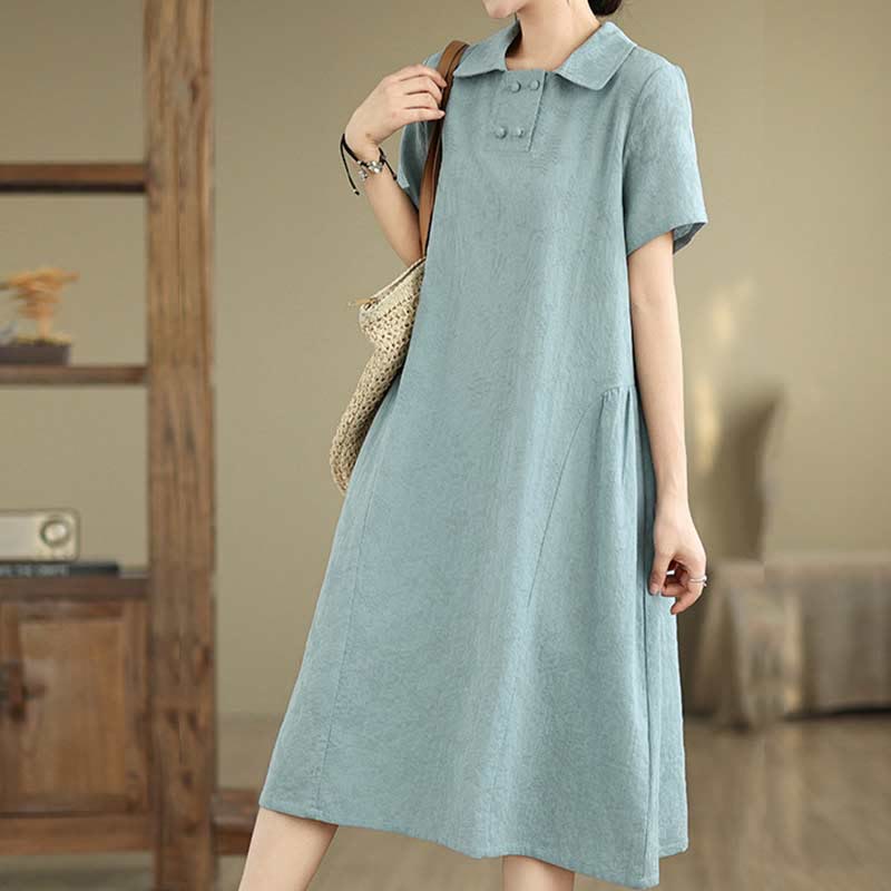 Robe midi en coton et lin à manches courtes et revers jacquard uni Buddha Stones avec poches - image 22
