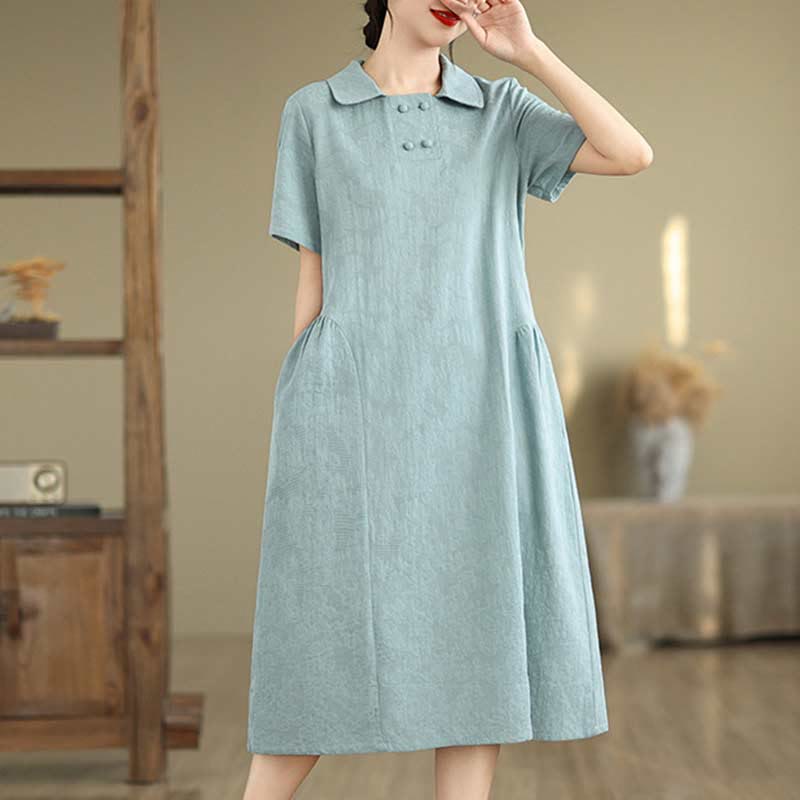 Robe midi en coton et lin à manches courtes et revers jacquard uni Buddha Stones avec poches - image 24