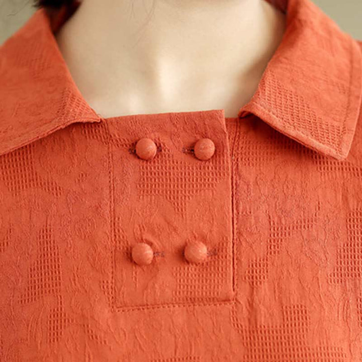 Robe midi en coton et lin à manches courtes et revers jacquard uni Buddha Stones avec poches - image 16