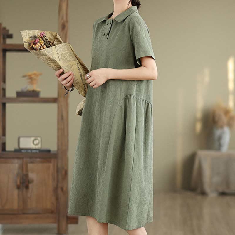 Robe midi en coton et lin à manches courtes et revers jacquard uni Buddha Stones avec poches - image 6