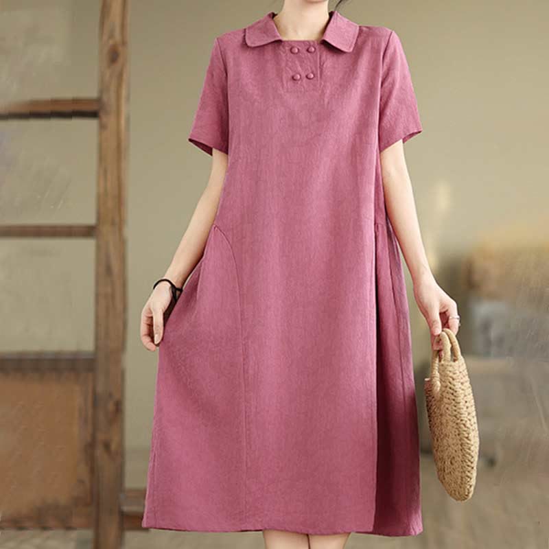 Robe midi en coton et lin à manches courtes et revers jacquard uni Buddha Stones avec poches - image 1