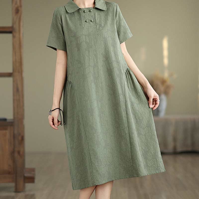 Robe midi en coton et lin à manches courtes et revers jacquard uni Buddha Stones avec poches - image 9