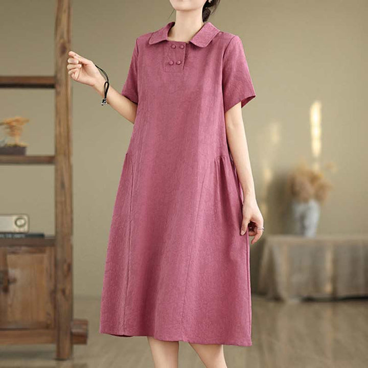 Robe midi en coton et lin à manches courtes et revers jacquard uni Buddha Stones avec poches - image 3
