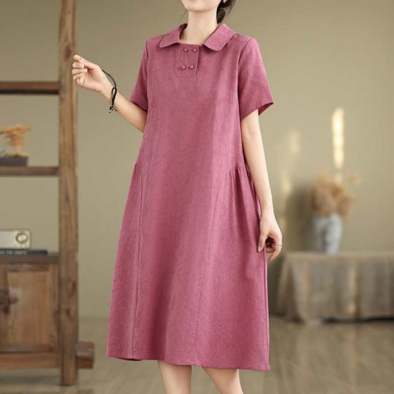 Robe midi en coton et lin à manches courtes et revers jacquard uni Buddha Stones avec poches - image 3