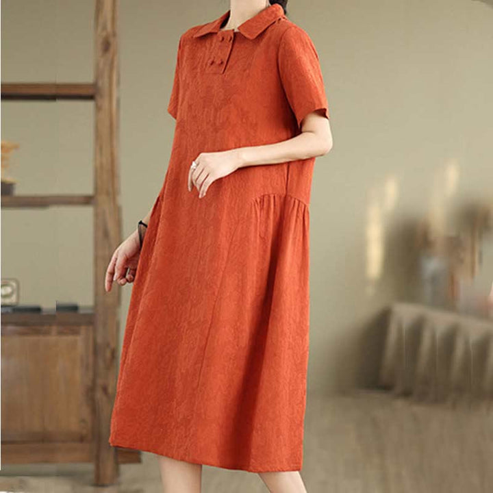 Robe midi en coton et lin à manches courtes et revers jacquard uni Buddha Stones avec poches - image 12