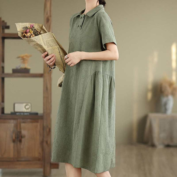 Robe midi en coton et lin à manches courtes et revers jacquard uni Buddha Stones avec poches - image 6