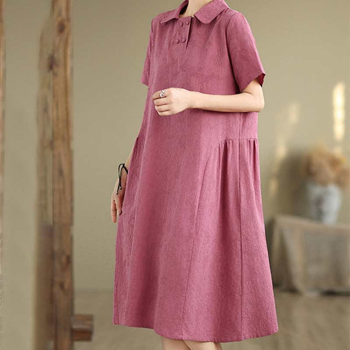 Robe midi en coton et lin à manches courtes et revers jacquard uni Buddha Stones avec poches - image 2