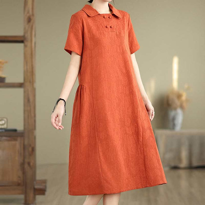 Robe midi en coton et lin à manches courtes et revers jacquard uni Buddha Stones avec poches - image 14