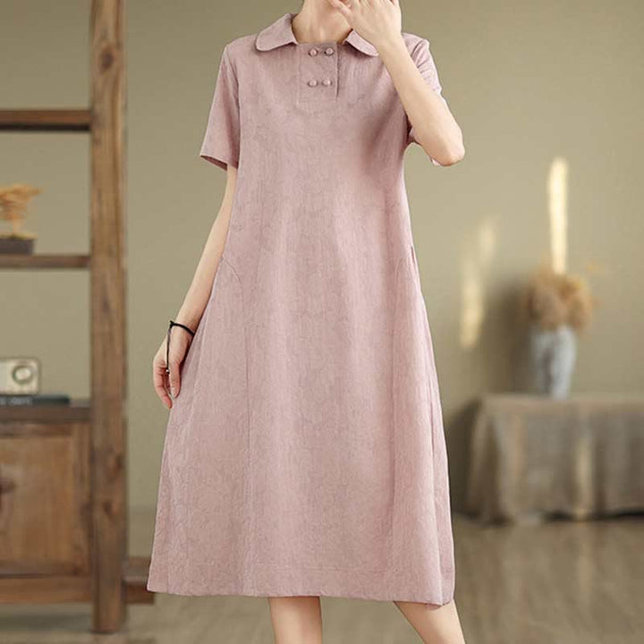 Robe midi en coton et lin à manches courtes et revers jacquard uni Buddha Stones avec poches - image 31
