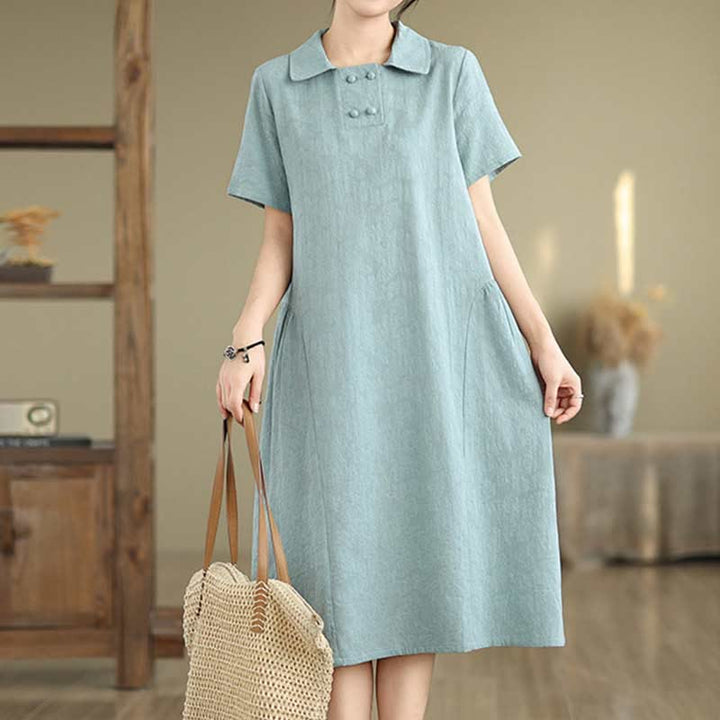 Robe midi en coton et lin à manches courtes et revers jacquard uni Buddha Stones avec poches - image 23