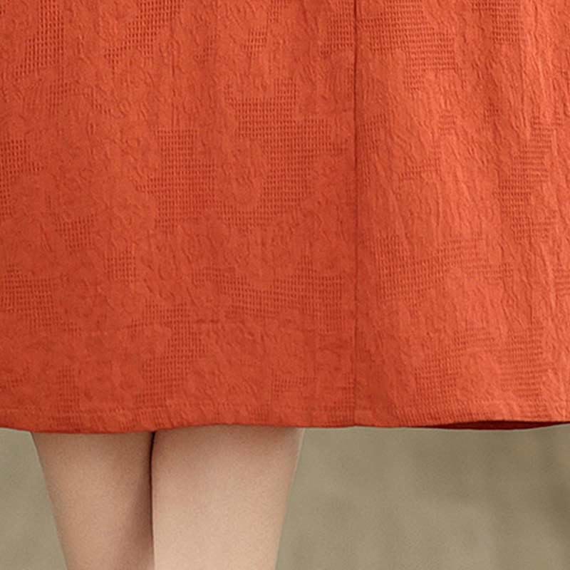 Robe midi en coton et lin à manches courtes et revers jacquard uni Buddha Stones avec poches - image 20