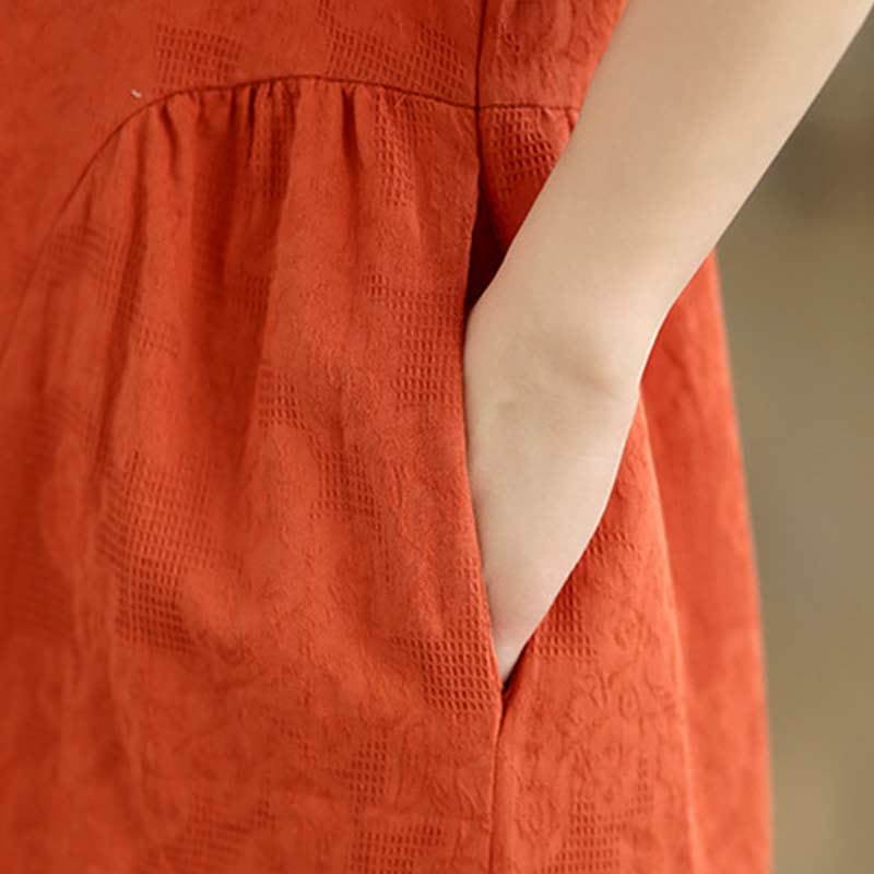 Robe midi en coton et lin à manches courtes et revers jacquard uni Buddha Stones avec poches - image 17