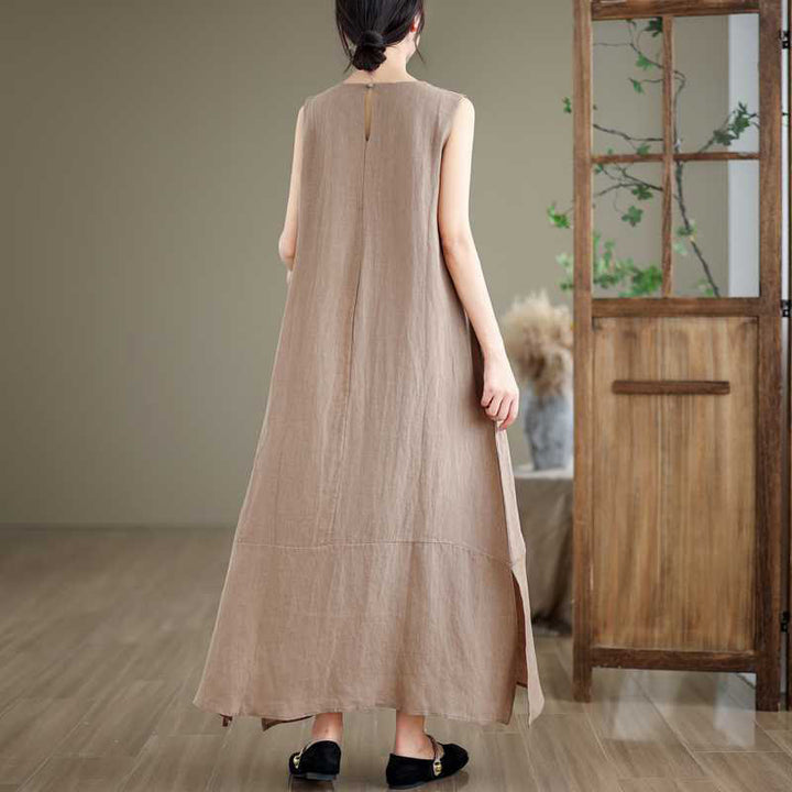 Robe mi-longue en coton et lin, unie, irrégulière, sans manches, avec poches, Buddha Stones Spring - image 3